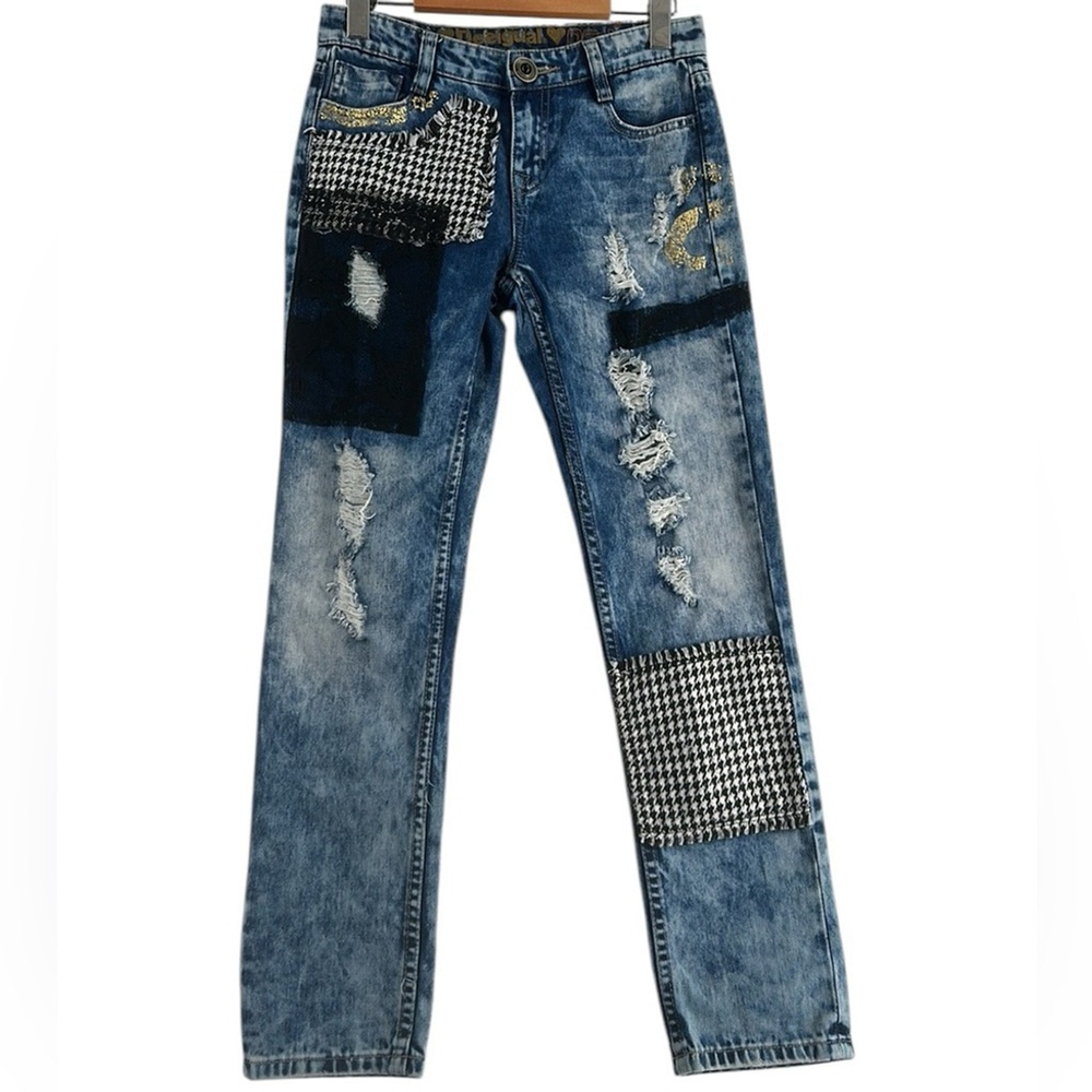 Desigual Blue Distressed Skinny Jeans with Black Patches
